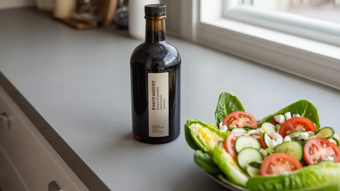 Close-up of stylish red wine vinegar bottle next to colorful salad with lettuce, tomatoes, and cucumbers on modern kitchen counter
