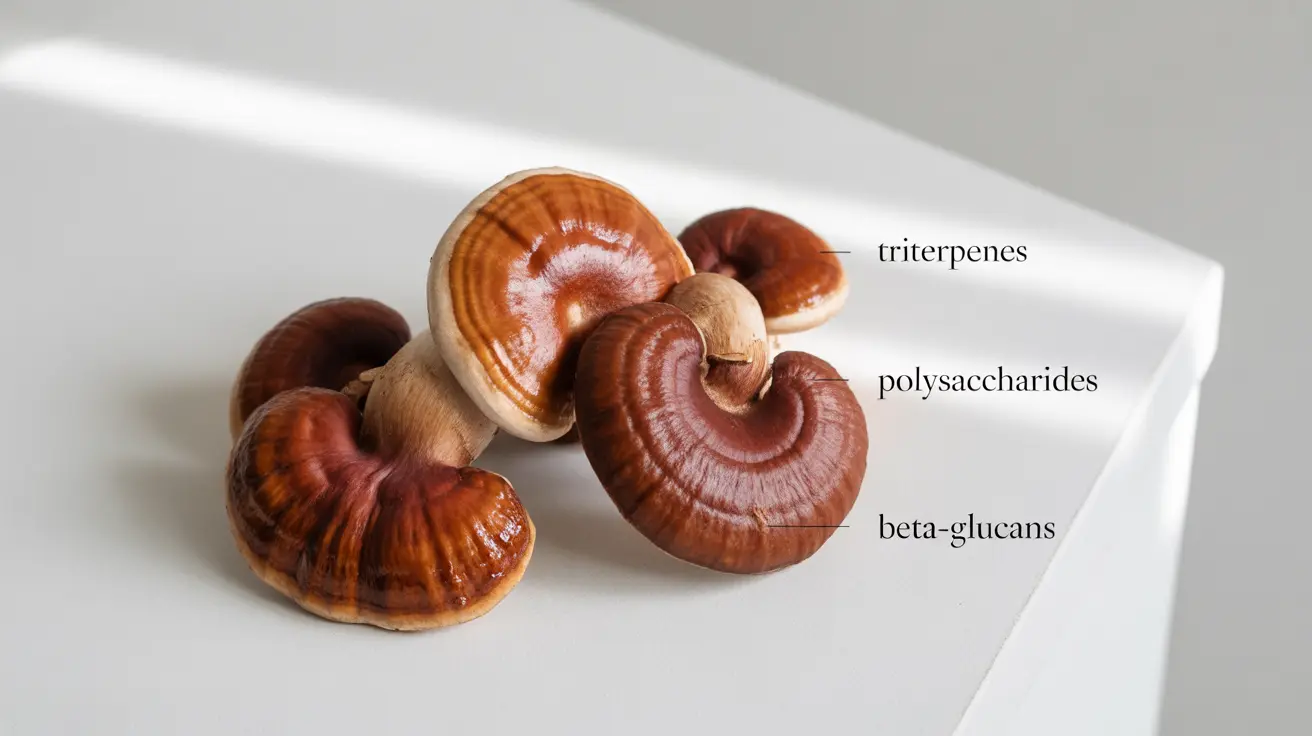 Detailed illustration of reishi mushrooms with reddish-brown caps and labels for bioactive compounds on a white background
