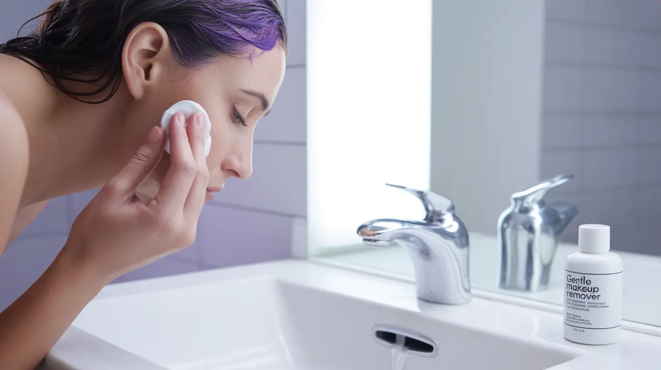 Person cleaning hair dye off skin using cotton ball soaked in makeup remover in a minimalistic bathroom sink area
