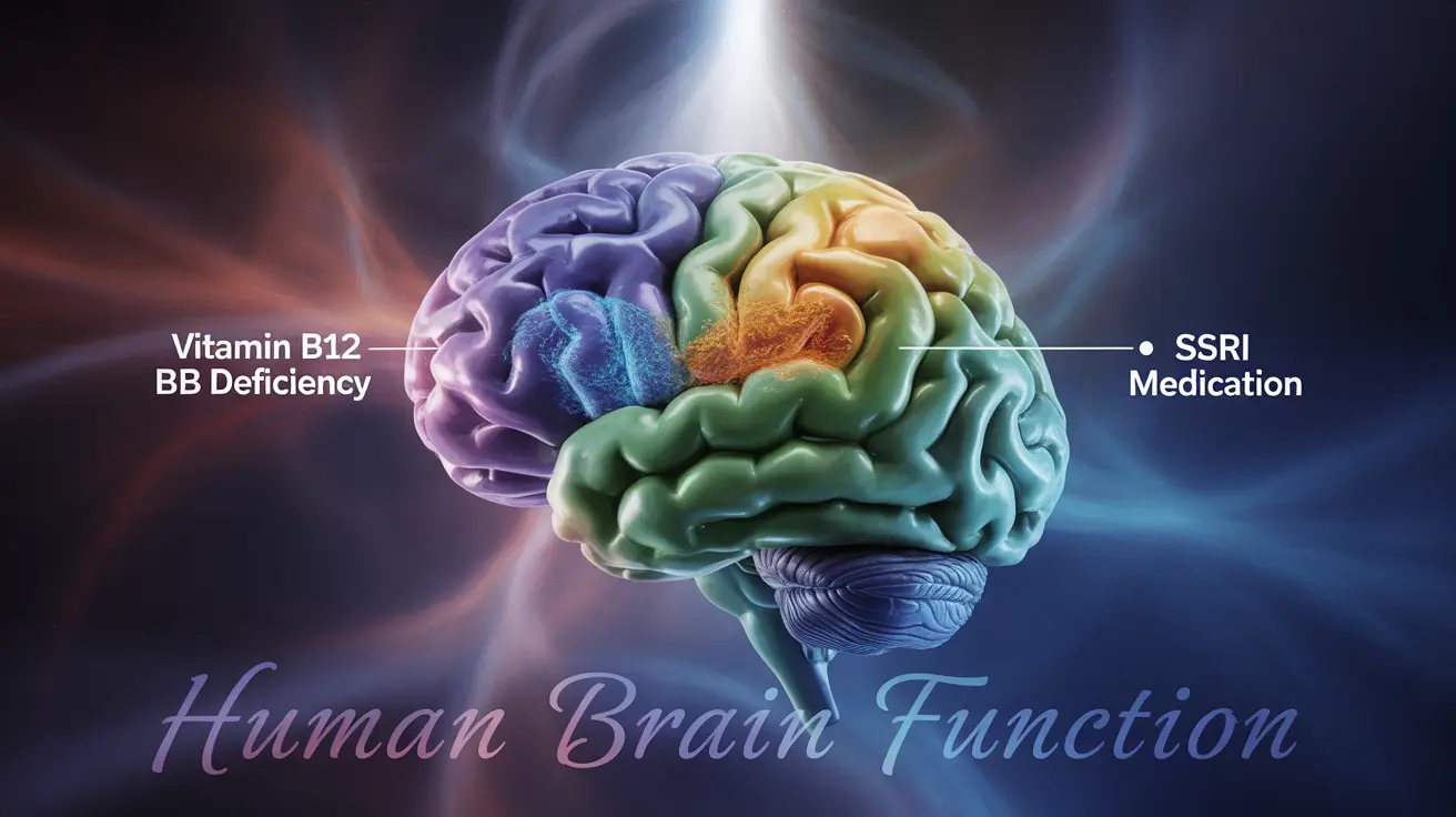 Illustration of a human brain highlighting effects of reversible conditions like vitamin deficiencies and medication interactions, in a bright medical context