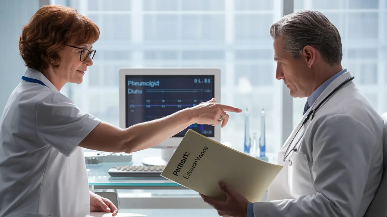 Rheumatologist and neurologist in hospital office reviewing diagnostic charts and digital test screens, bright clinical lighting