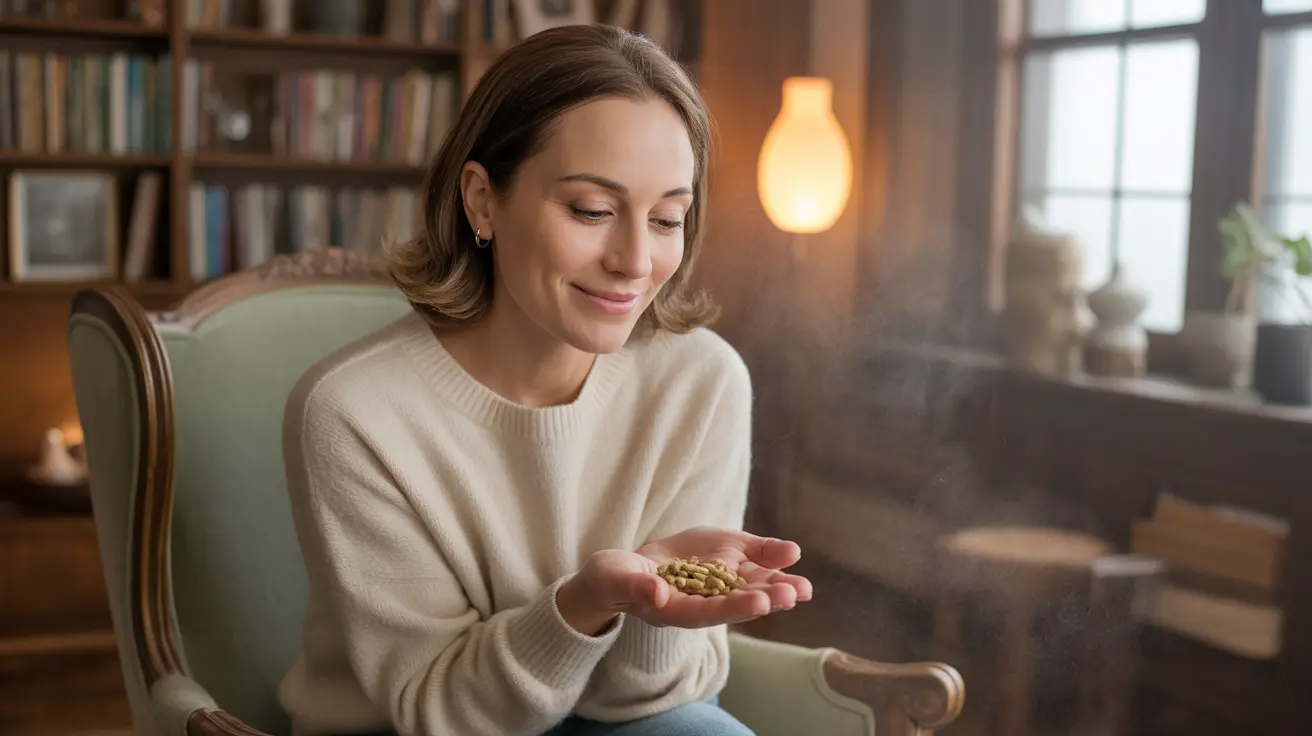 Person seated in a cozy living room, holding rhodiola and ashwagandha supplements in soft natural lighting, evoking calm and wellness.