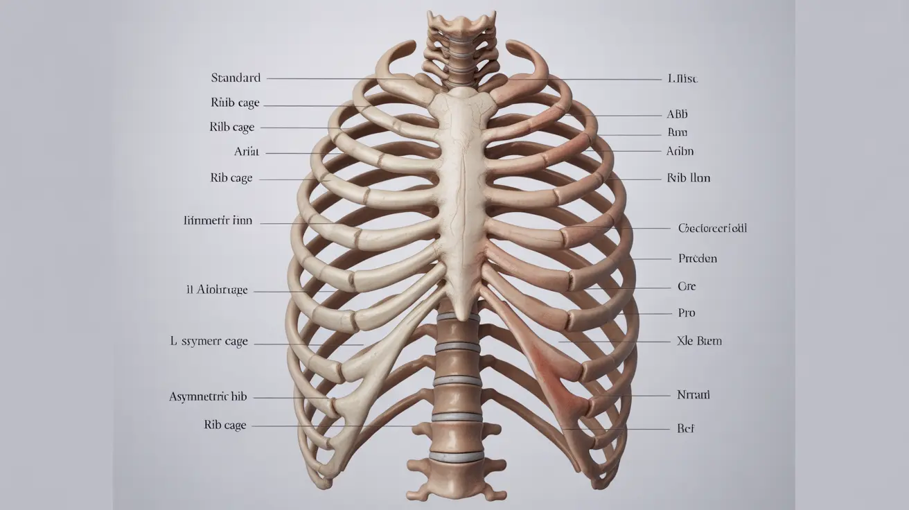 Illustration comparing normal and asymmetric rib cages with labels detailing differences, on muted anatomical backdrop