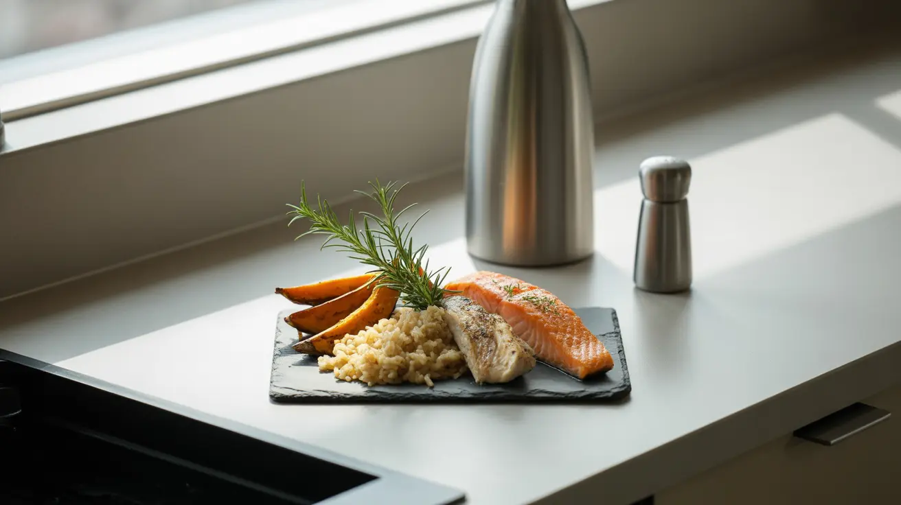 Close-up of a balanced meal on a kitchen counter with chicken, fish, sweet potatoes, and brown rice in bright natural light