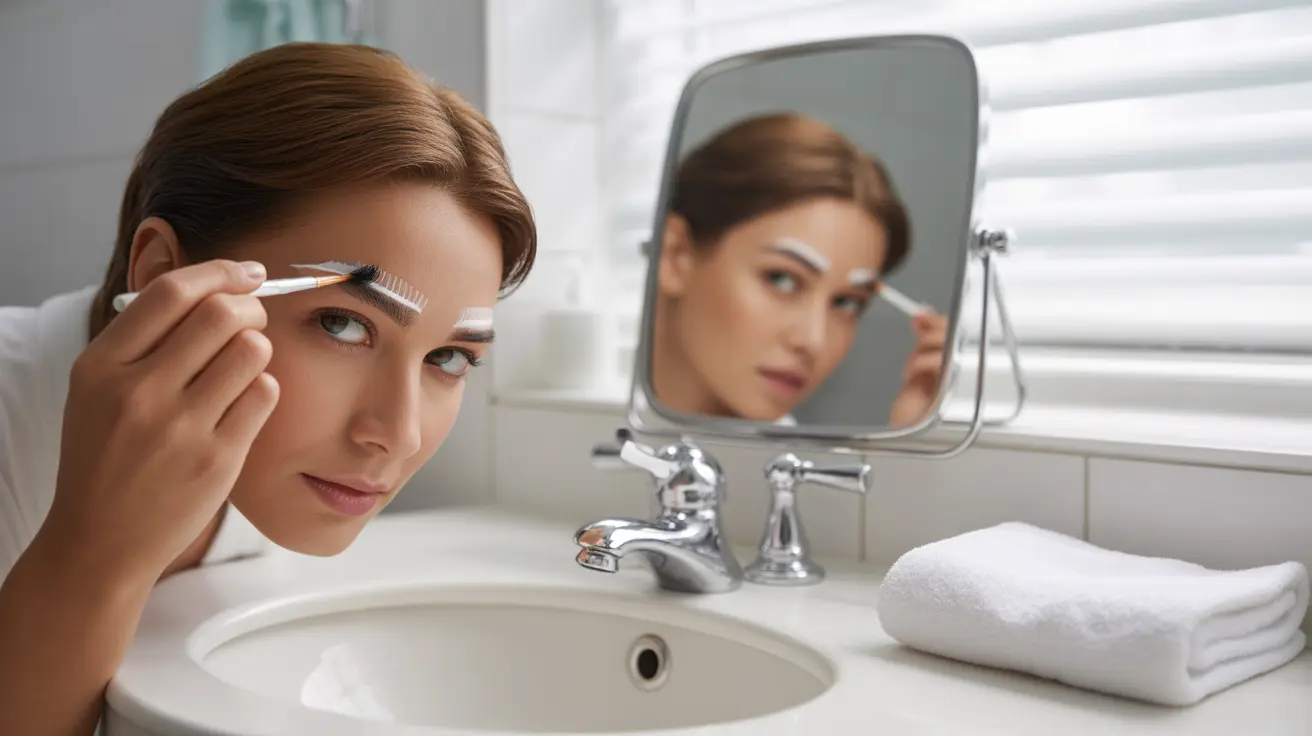 Detailed illustration in a clean bathroom showing a person applying Rogaine to their eyebrows using a small brush with a focused expression.