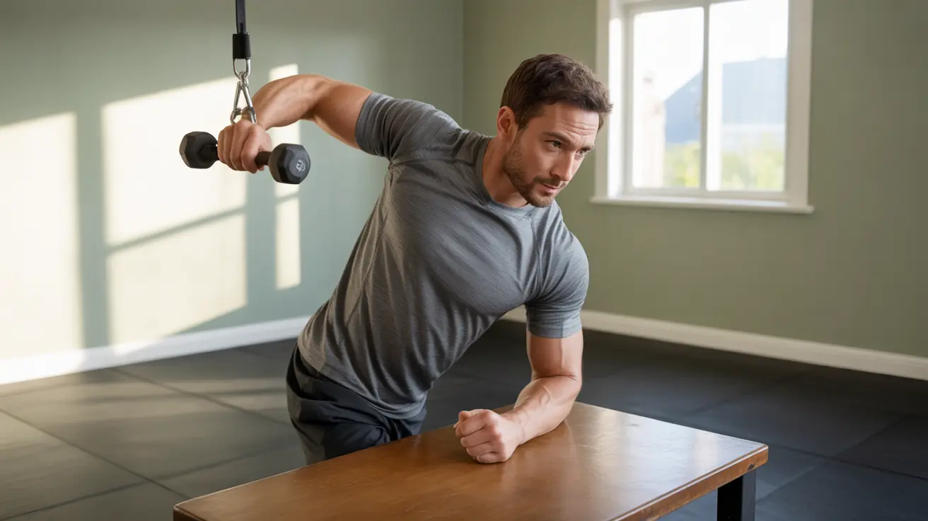 Person performing pendulum rotator cuff exercise, leaning slightly with supported arm on table, in bright home or gym setting