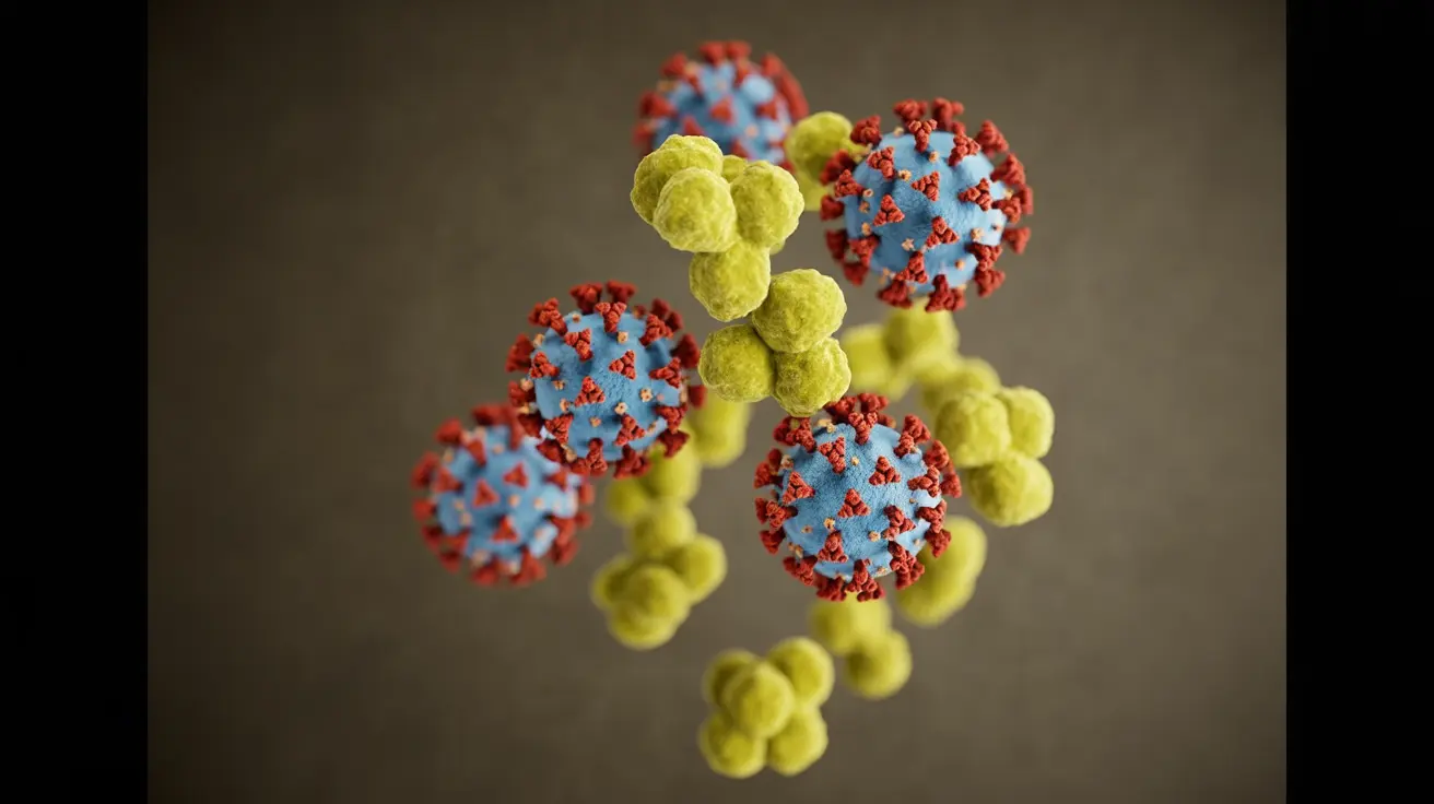 Illustration of respiratory syncytial virus structure with antibodies, emphasizing viral reinfection mechanisms against bright scientific backdrop
