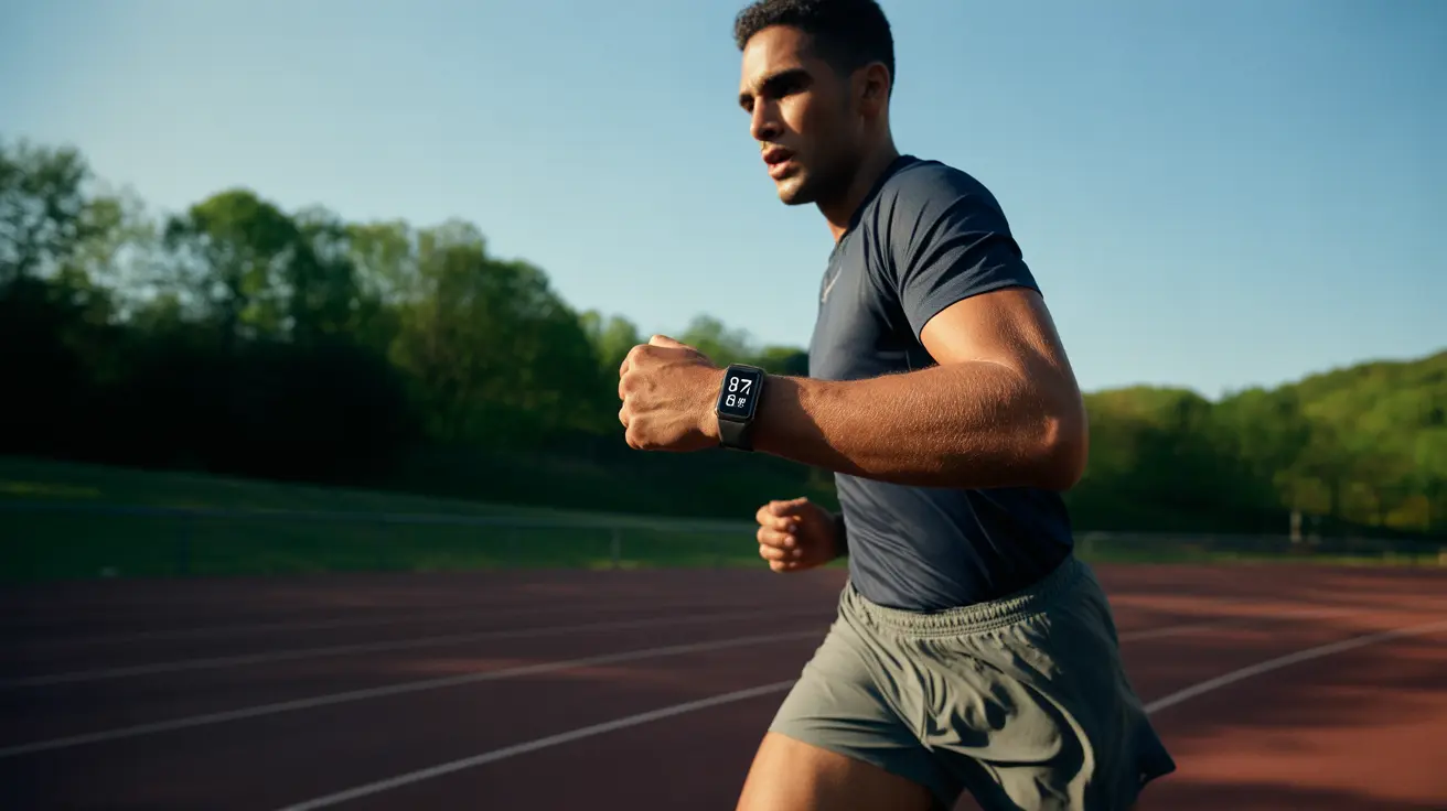 Runner checking heart rate on smartwatch on outdoor track, clear sky, trees in background