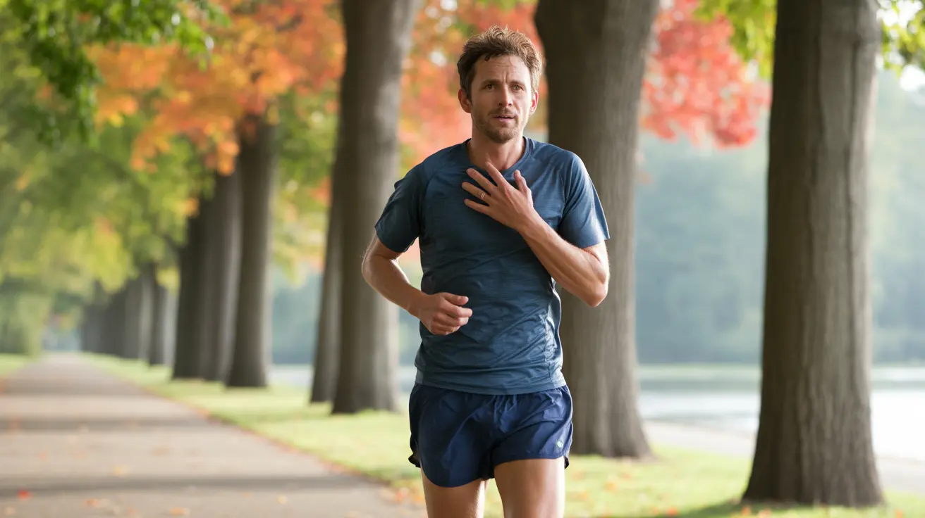 Runner in athletic attire jogging on park path under autumn trees, feeling their throat with a concerned expression