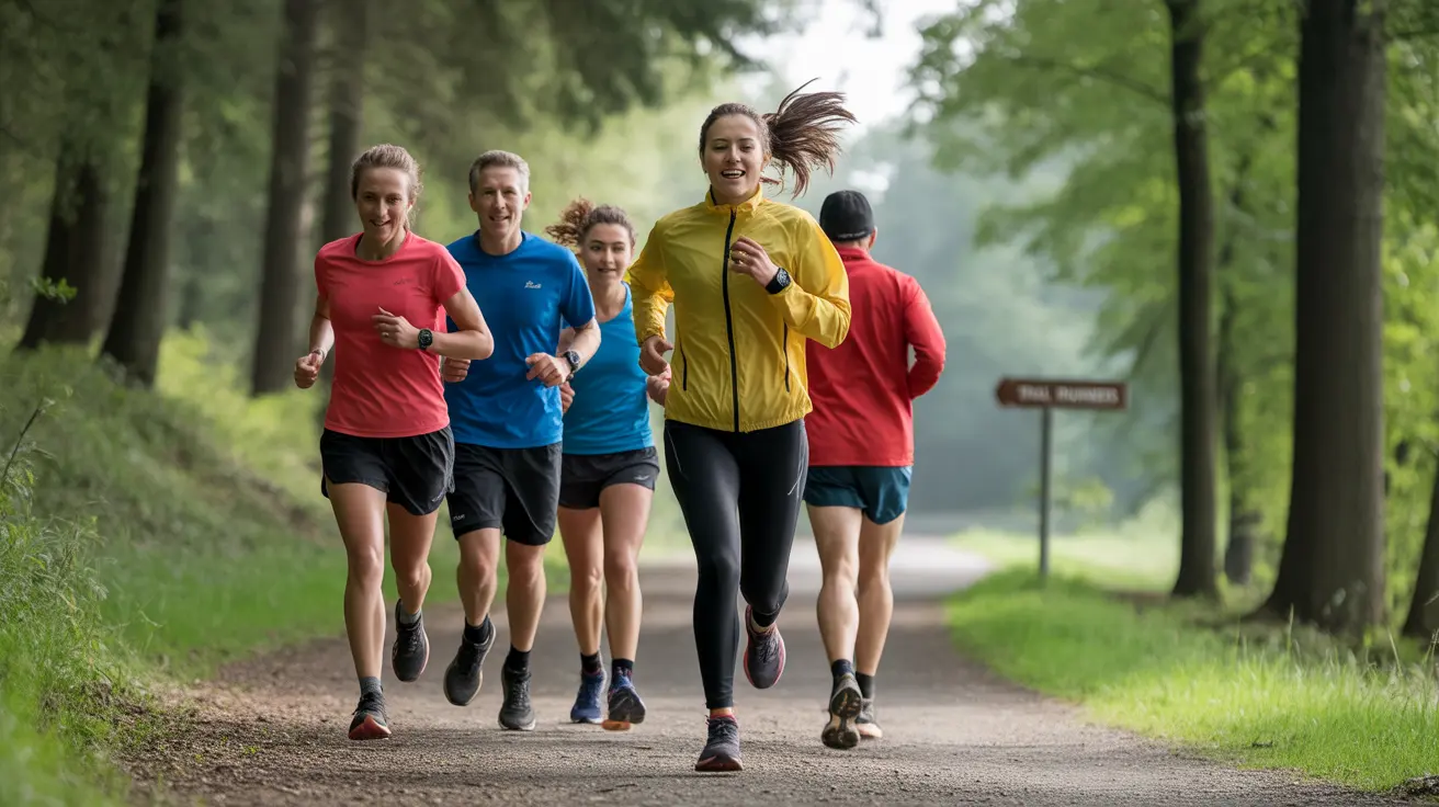 Diverse group of runners running on a scenic trail, focusing on maintaining proper running form in bright natural daylight with green trees in the background