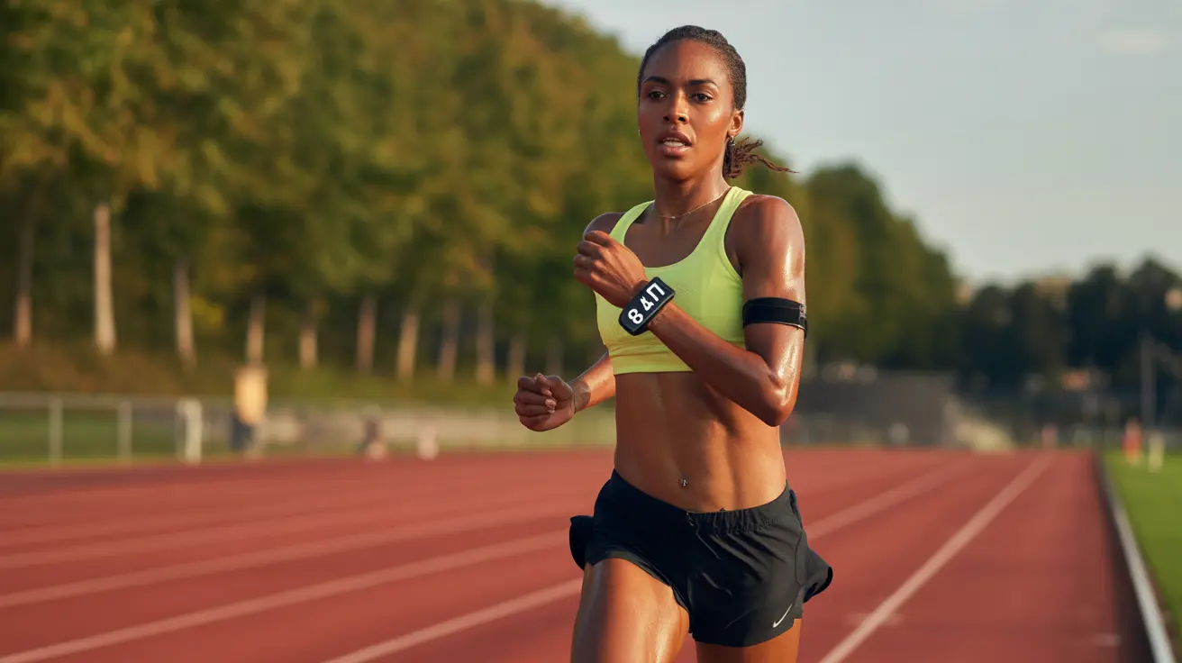 Runner on outdoor track with fitness tracker, bright lighting highlighting steps and movement, background of blurred trees and track.