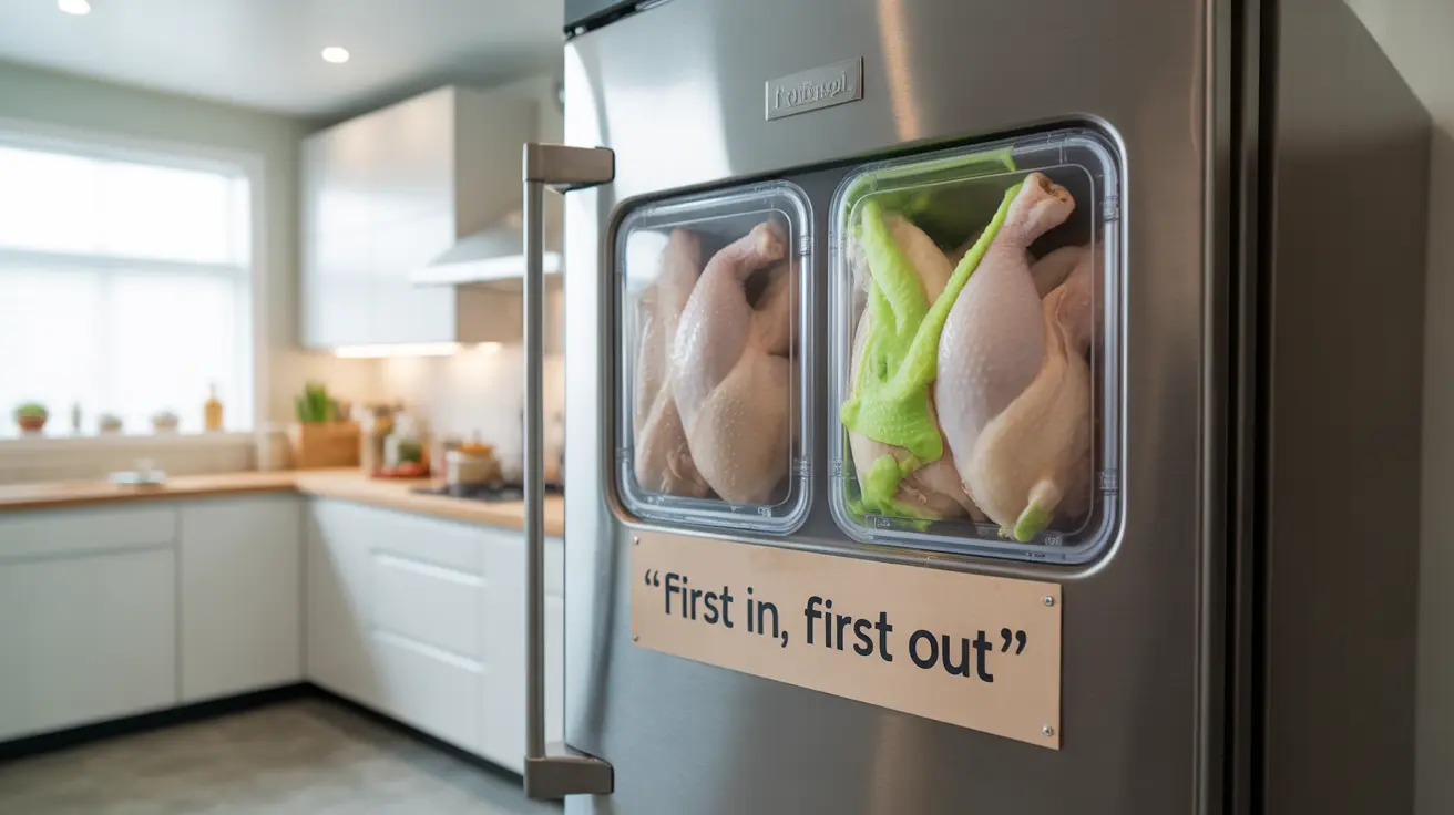 Detailed illustration of a modern kitchen with a refrigerator showing properly stored chicken in airtight containers, alongside visual indicators of spoilage like color changes and textures.