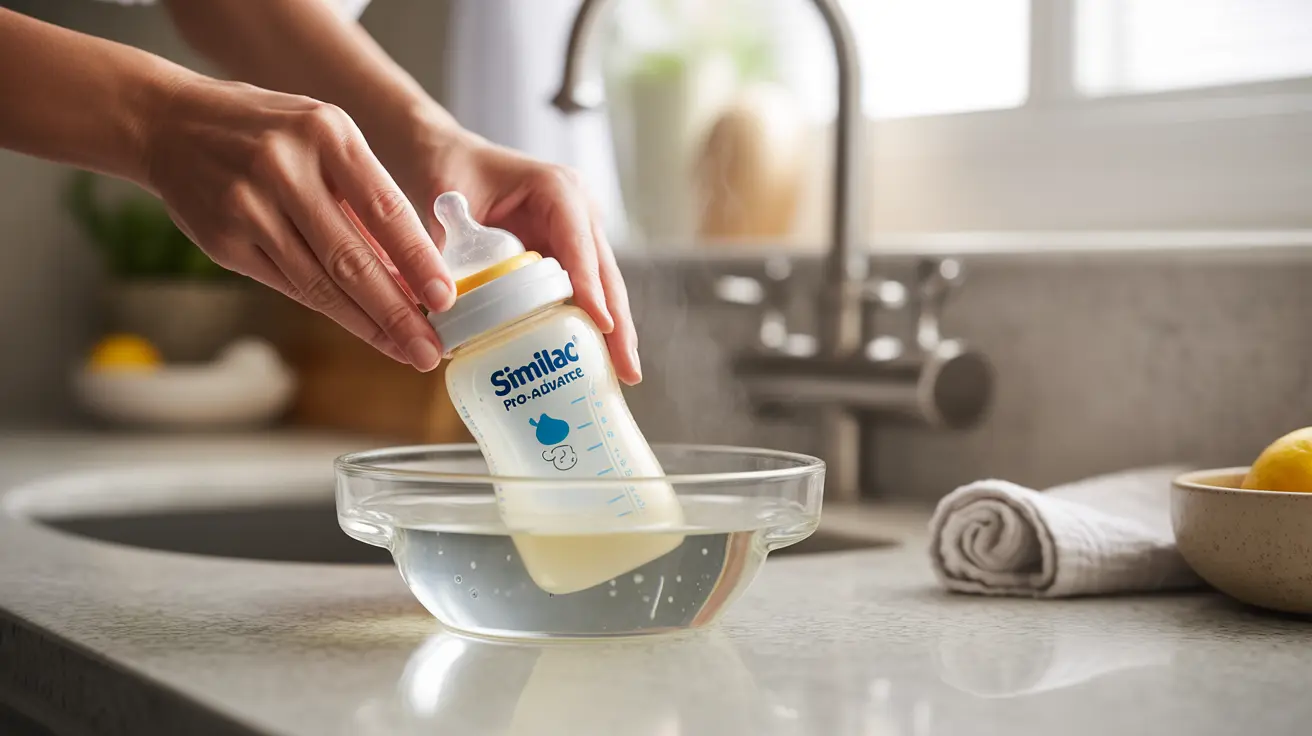 Parent's hands placing baby bottle into warm water bowl, illustrating safe warming technique on kitchen counter