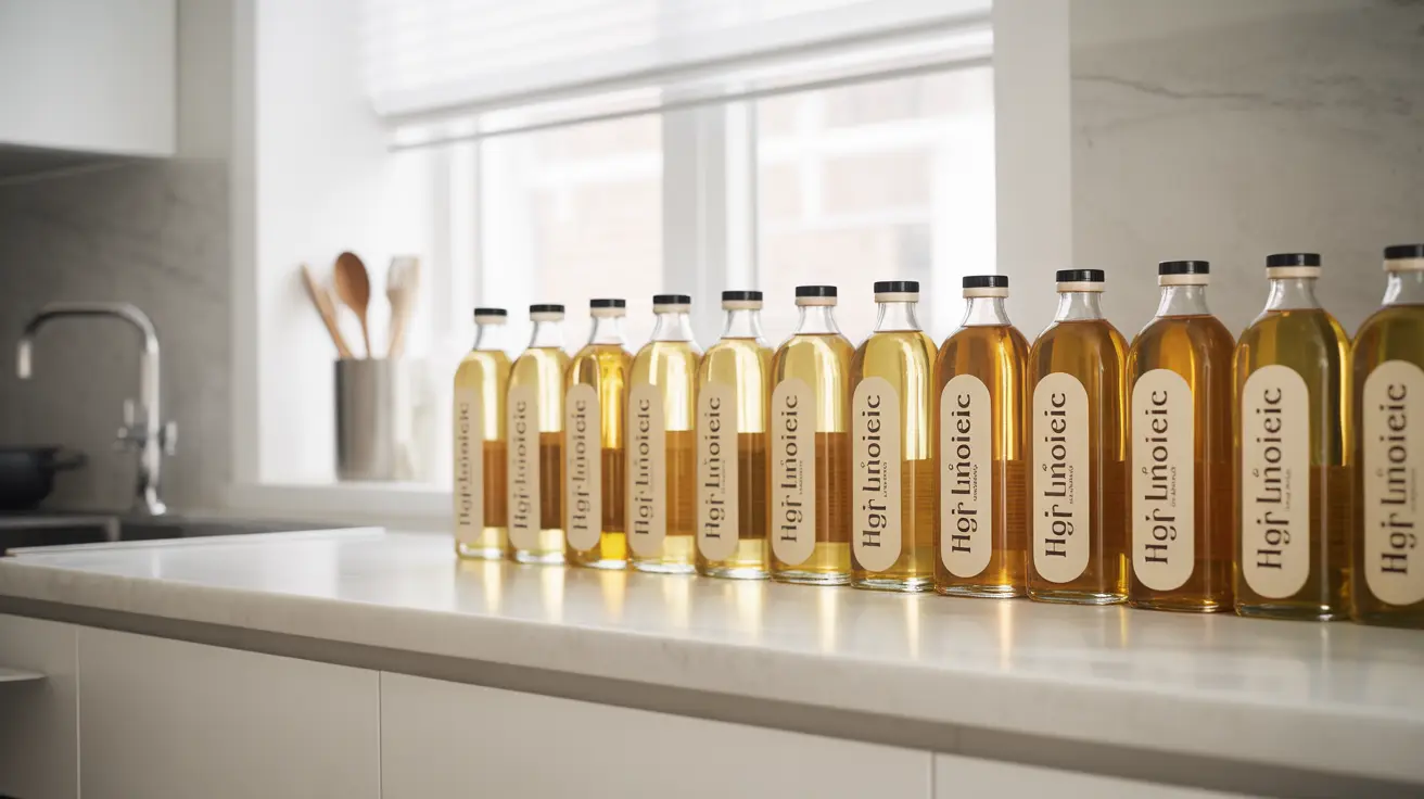 Modern kitchen counter showcasing safflower oil bottles labeled high-oleic and high-linoleic in bright natural daylight