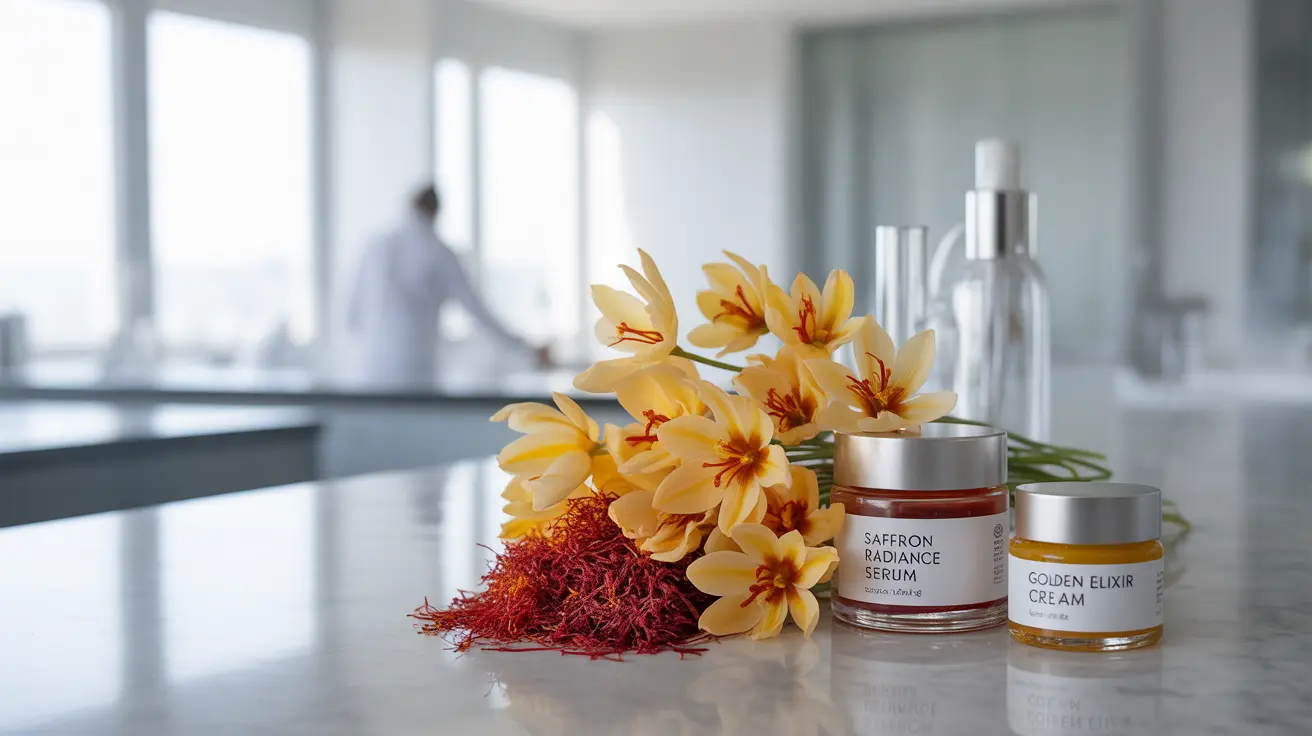 Detailed illustration of saffron flowers alongside various saffron-infused skincare products in a clean, modern skincare lab, bright natural lighting