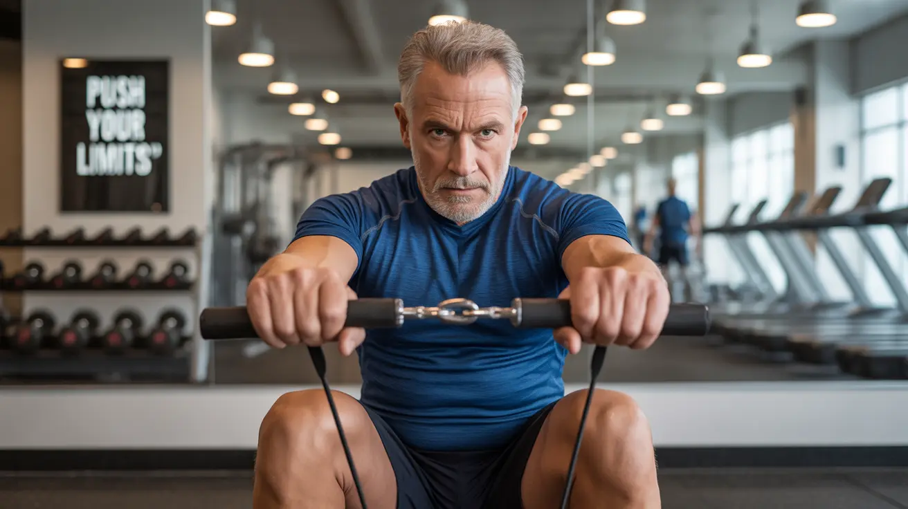 Older adult in modern gym performing resistance training with bands, proper form, gym equipment visible in background