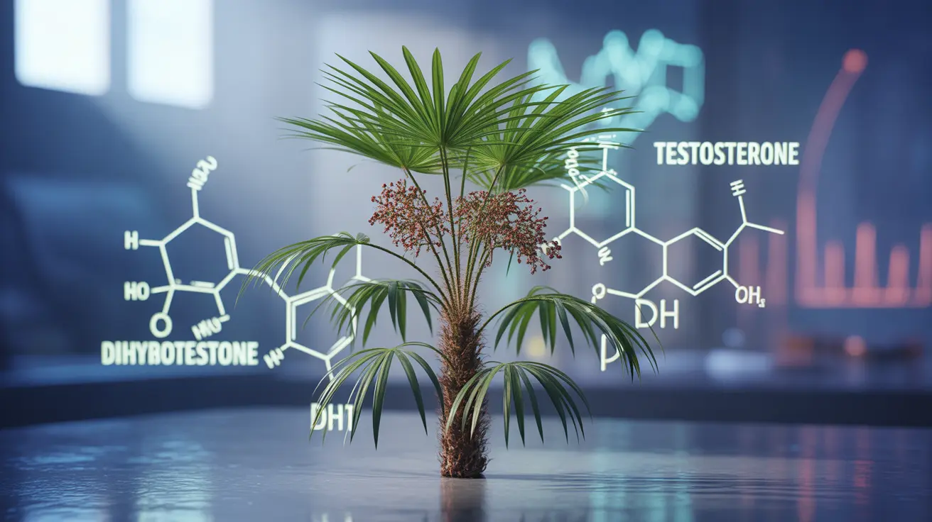 Detailed illustration of a saw palmetto plant combined with molecular structures representing testosterone and dihydrotestosterone (DHT) against a scientific background.
