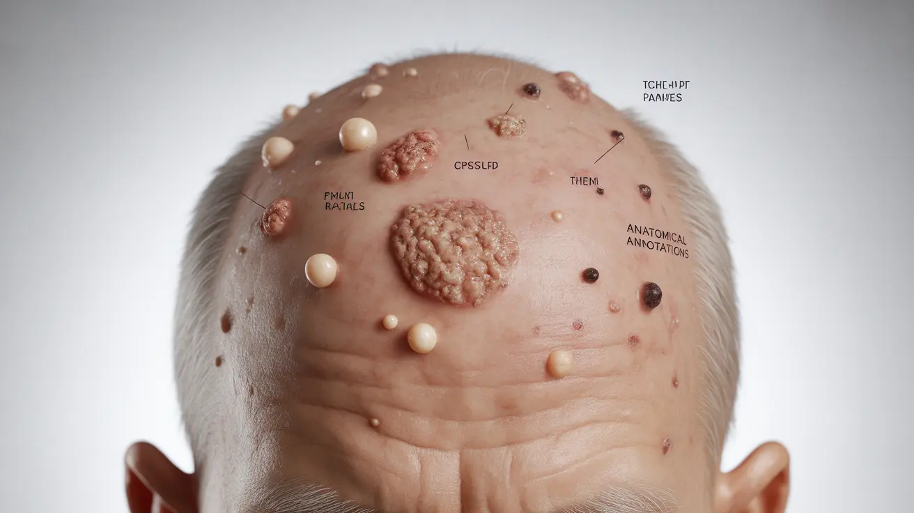 Detailed illustration of human scalp showing skin cancer lesions including pearly bumps, scaly patches, and dark moles with annotations in bright clinical lighting