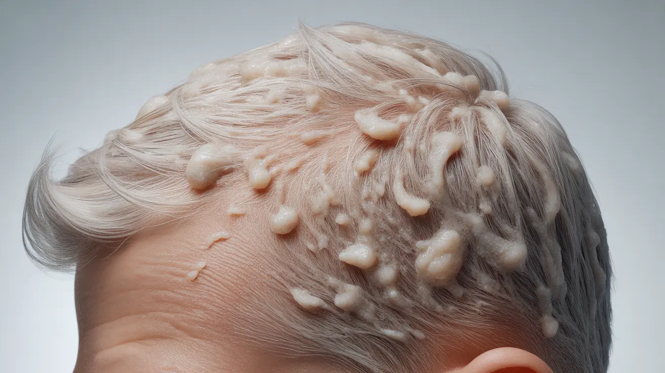Detailed illustration of a scalp with white waxy buildup, showing sebum and product residue clinging to hair roots under bright lighting.