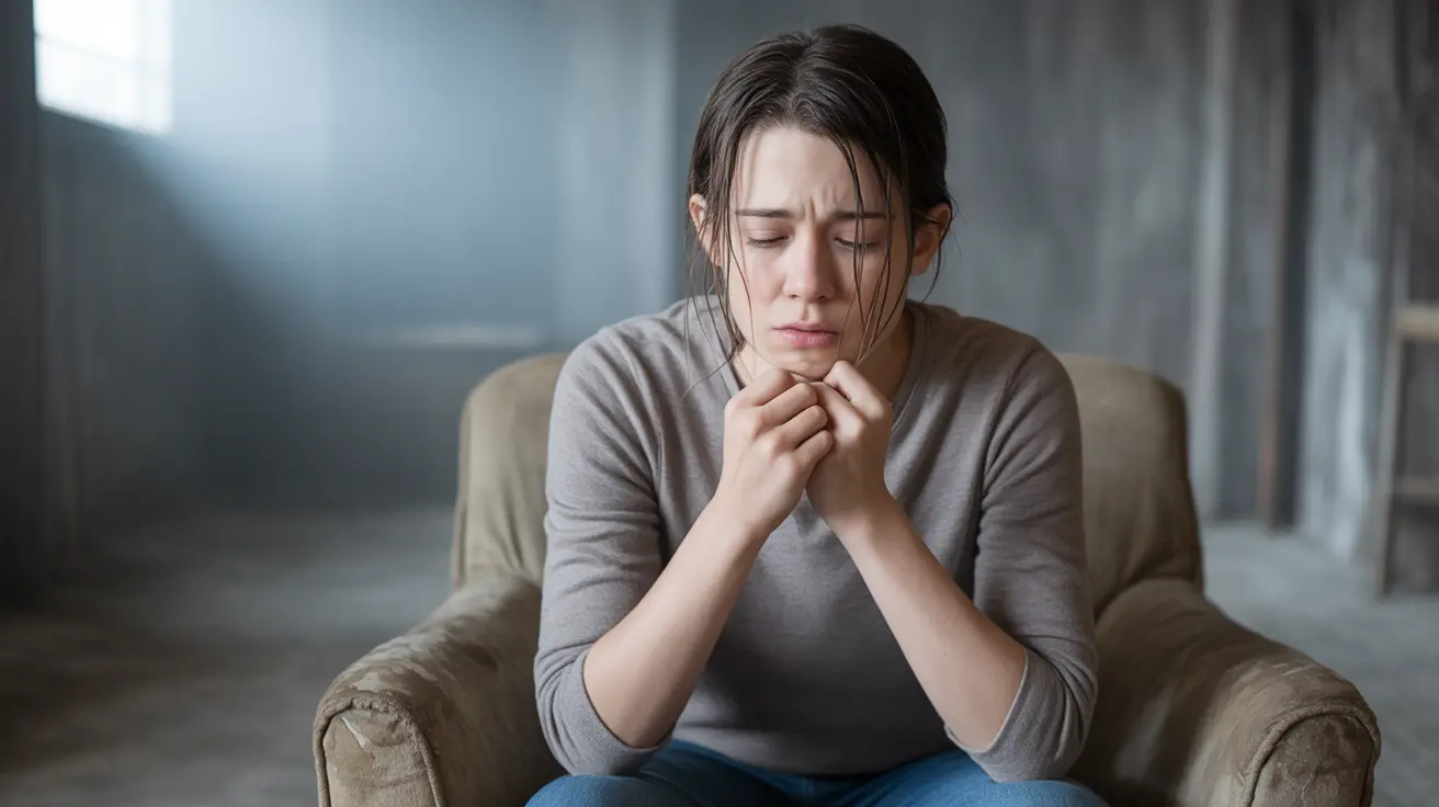 Close-up of a person with a pained expression, depicting symptoms of untreated schizophrenia such as confusion and hallucinations in a blurred environment.