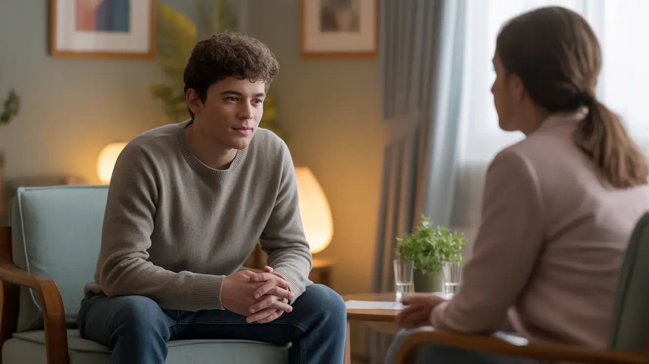 Person with schizophrenia talking in a cozy therapy room with a mental health professional, surrounded by calming decor and natural light