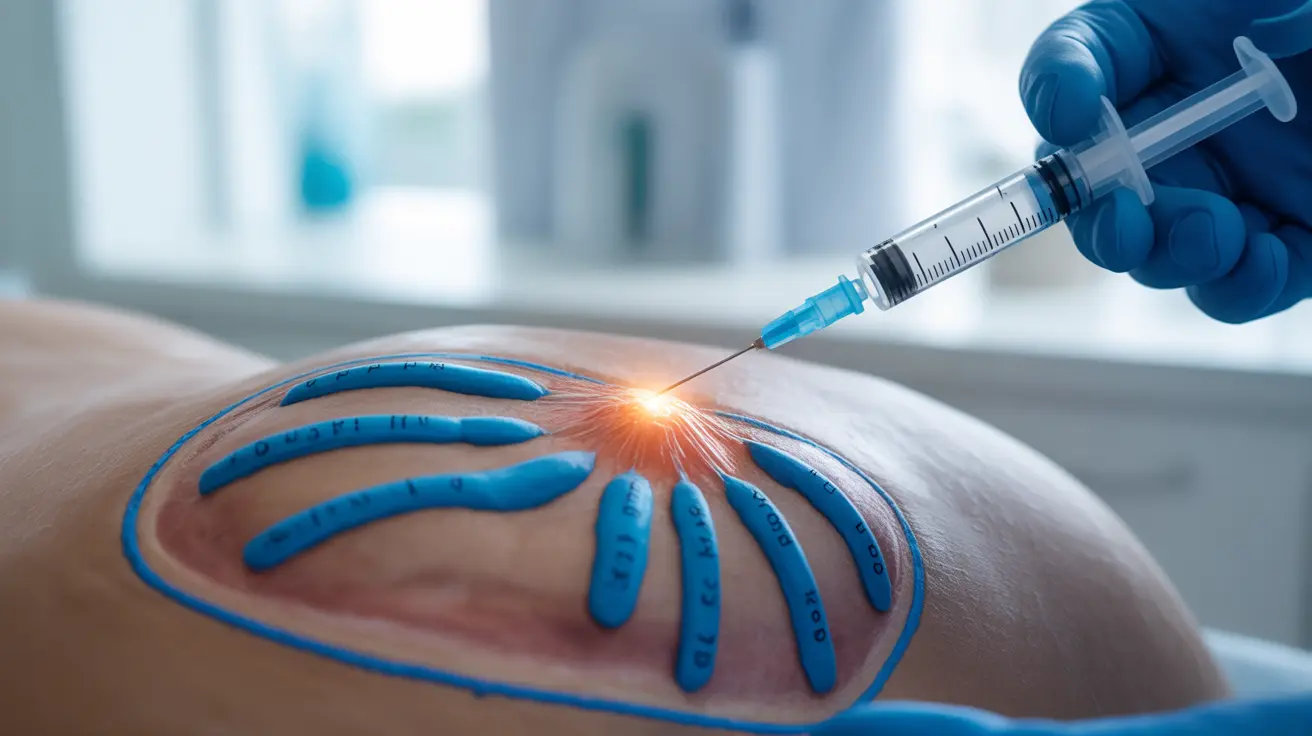 Illustration of Scrotox procedure, Botulinum toxin injection into scrotal tissue, labeled and detailed in clinical setting