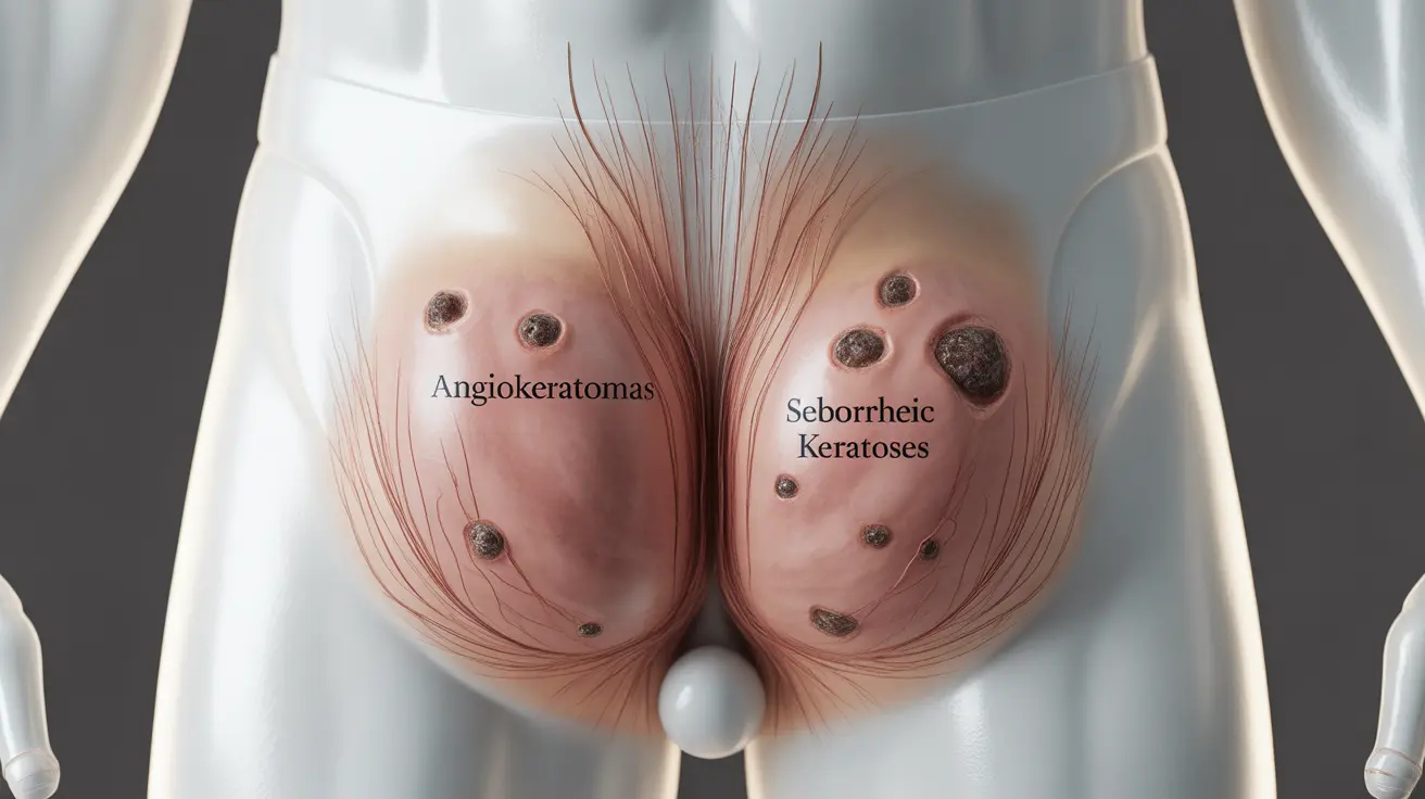 Detailed anatomical illustration of the scrotum showcasing various black spots, labeled to identify common causes such as angiokeratomas and seborrheic keratoses.