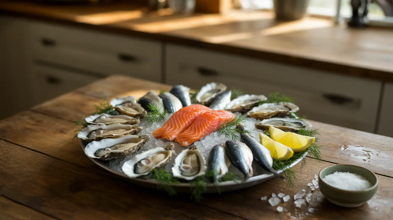 Close-up shot of a beautifully arranged seafood platter featuring salmon, sardines, and oysters on a kitchen table in bright natural daylight.