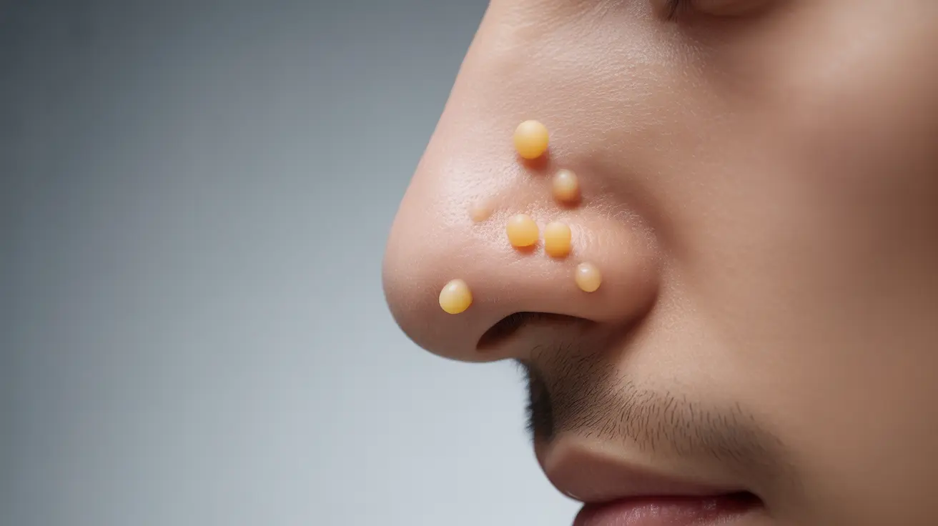 Detailed illustration, close-up of a human nose with several small, soft, yellowish or flesh-colored bumps in a bright clinical setting