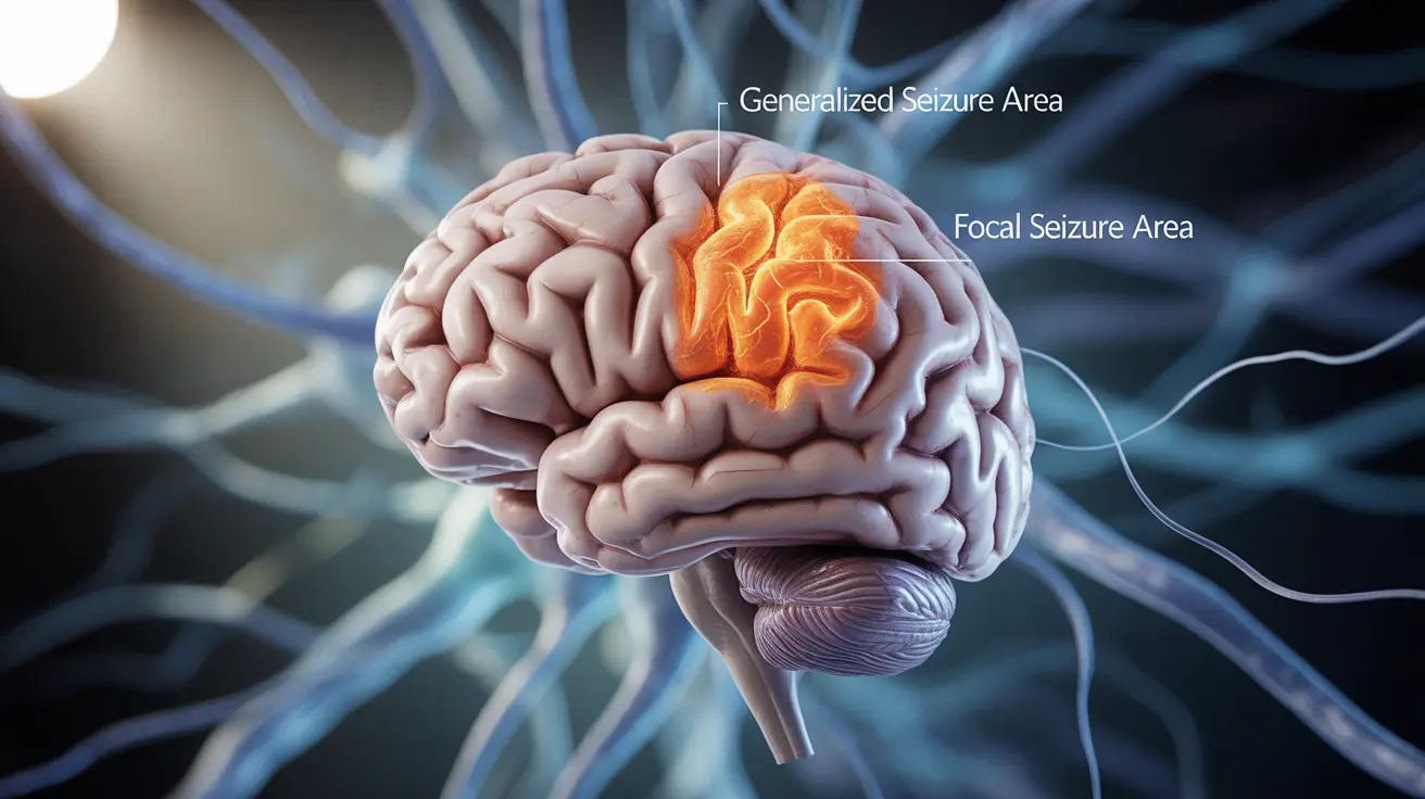 Illustration of a human brain with highlighted regions affected by seizures, showing generalized and focal areas.