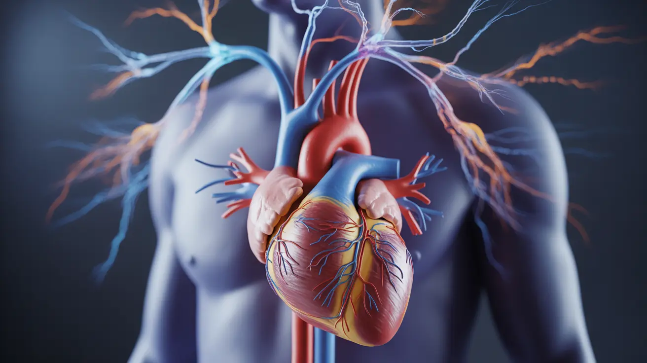 Illustration of human heart with light trails showing seizure effects on heart rhythm, brain-to-heart neural pathways highlighted