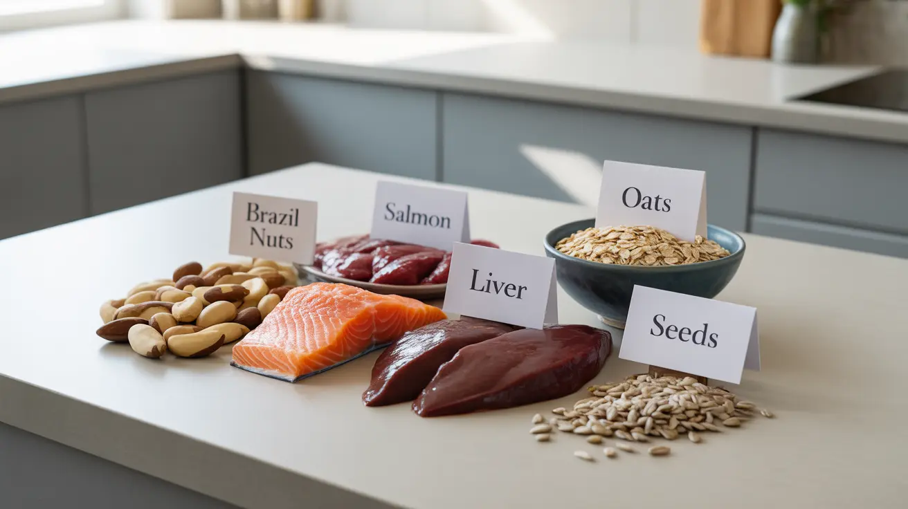 Detailed illustration of a kitchen countertop filled with selenium-rich foods like Brazil nuts, seafood, organ meats, and whole grains in bright natural lighting.
