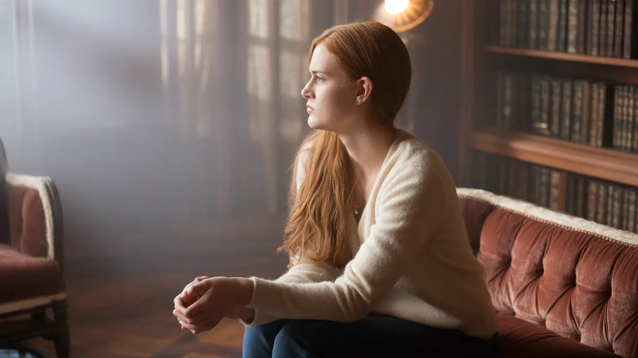 A person sitting alone on a couch, looking pensive in a cozy living room, reflecting on feelings of isolation and worry