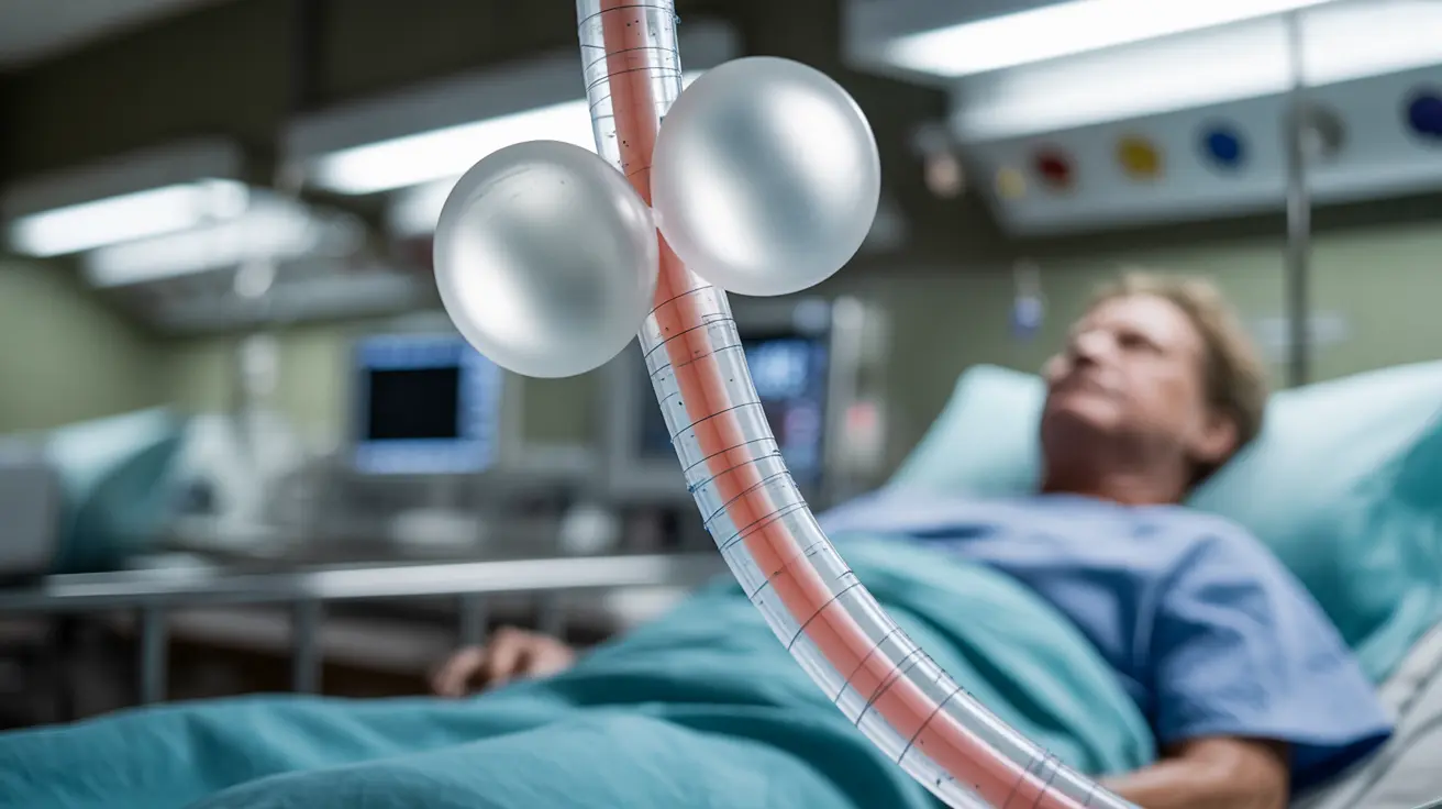 Detailed illustration of a Sengstaken-Blakemore tube with visible inflatable balloons, positioned in a clinical emergency room setting.