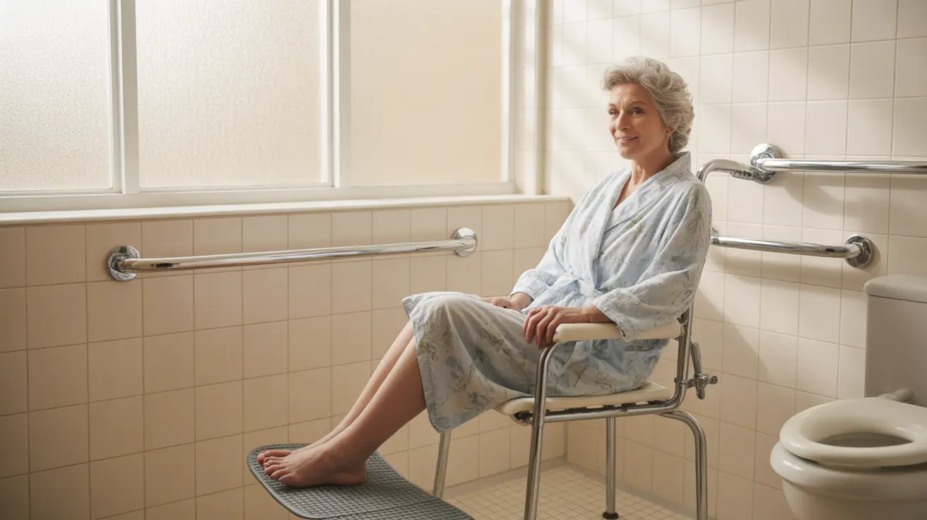 Senior person safely using a shower chair in a bright bathroom, surrounded by safety equipment like grab bars and a raised toilet seat.