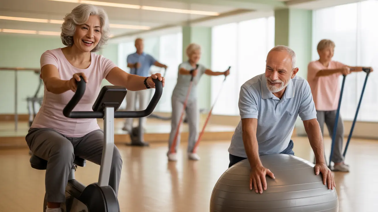 Diverse group of seniors using recumbent bikes, resistance bands, and stability balls in a bright, modern gym