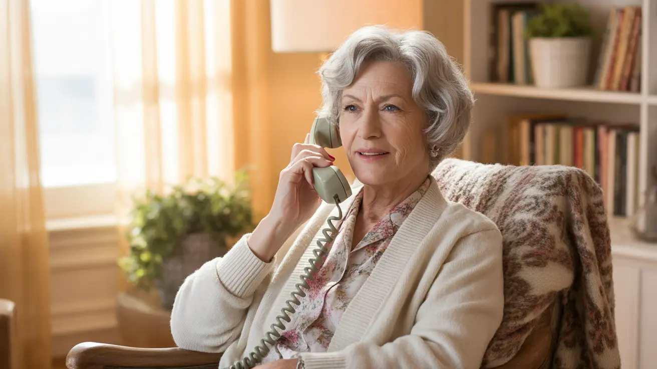 Senior person sitting in a comfortable home environment, communicating on the phone with a thoughtful expression, warm lighting creating a calm atmosphere.