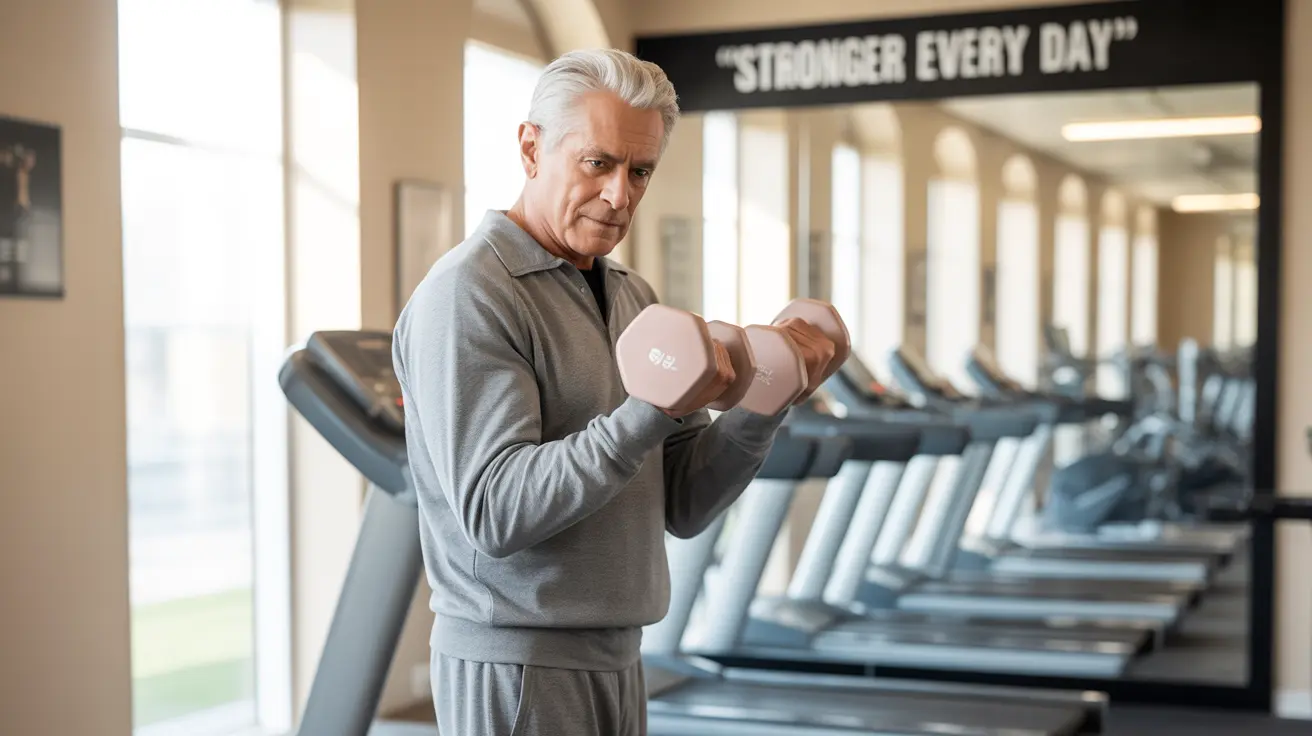 Senior individual performing light strength training in bright gym setting with small dumbbells, emphasizing safety and confidence