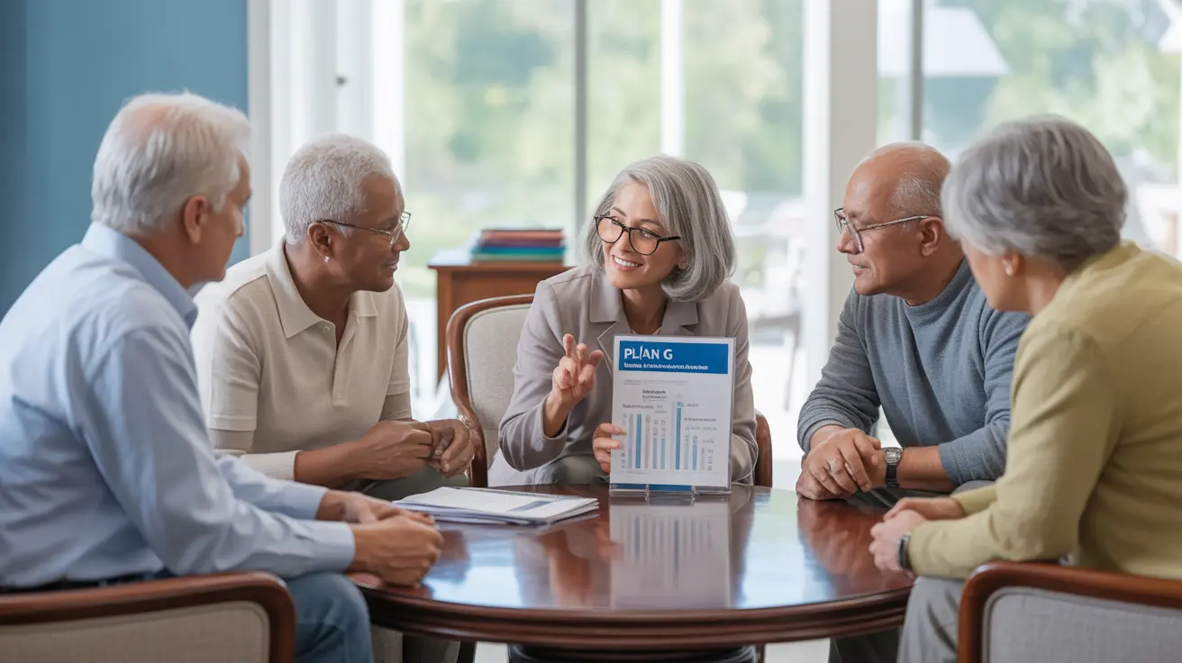 A diverse group of seniors engaged in a consultation about Medicare Supplement plans in a modern healthcare office, with charts and brochures about Plan G visible.
