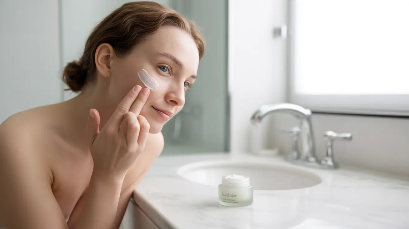 Detailed illustration of a person with sensitive skin gently applying a fragrance-free moisturizer to their face in a bright, serene bathroom