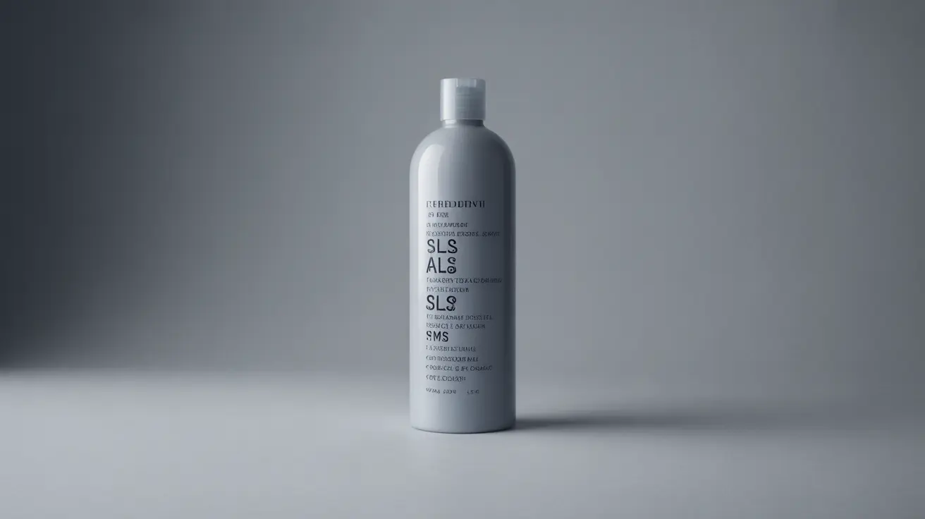 Close-up of shampoo bottle displaying sulfates like SLS and SLES on its label, against neutral backdrop