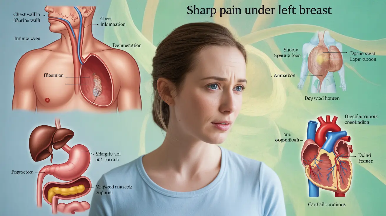 Illustration depicting causes of sharp pain under the left breast in women, with labeled anatomical diagrams of chest wall, digestive and cardiac conditions in pastel colors