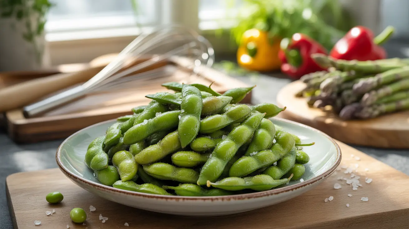 Realistic photograph of a plate of shelled edamame garnished with sea salt and olive oil on a kitchen countertop, with cooking utensils and fresh vegetables in the background, bright natural lighting.