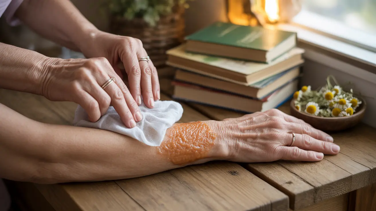 Hands applying cool compress and essential oils to a shingles rash on the arm in a warm home setting
