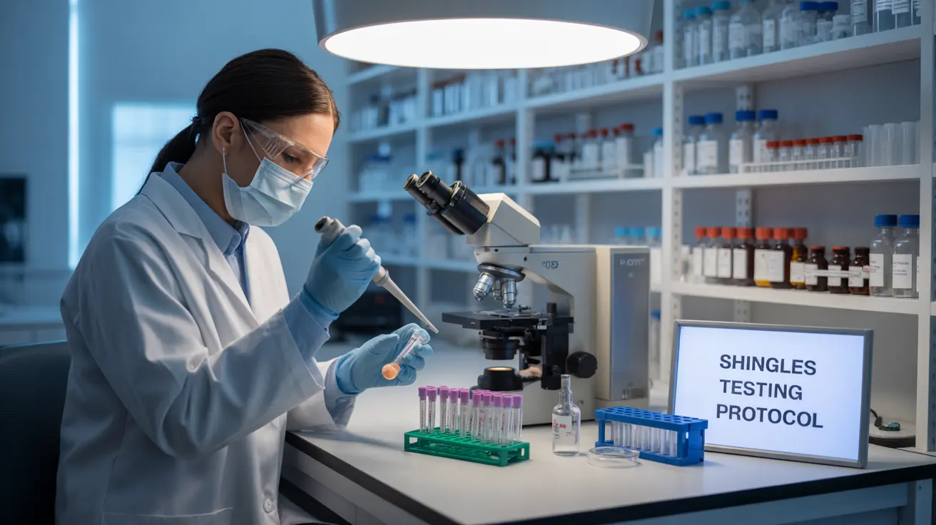 Detailed illustration showing a medical laboratory environment with a technician conducting PCR testing on a skin sample, featuring equipment like test tubes and a microscope.