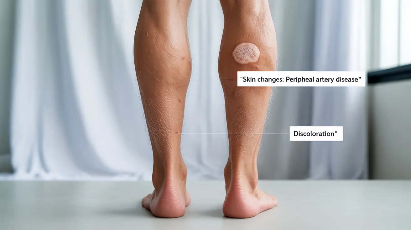 Detailed illustration of lower legs showing shiny, smooth skin and reduced hair growth due to peripheral artery disease with educational labels in a clinical setting.