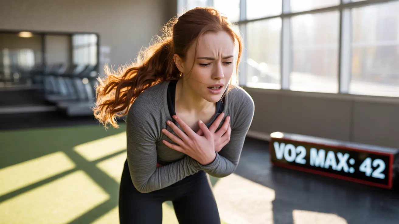 Person holding their chest and looking concerned due to shortness of breath in a park or gym setting