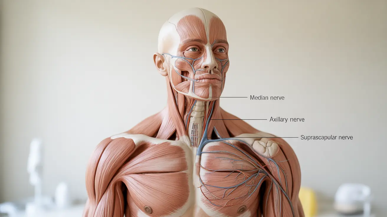 Detailed anatomical illustration of the human shoulder showing nerve pathways and areas commonly affected by compression, labeled for clarity, set against a neutral white background.