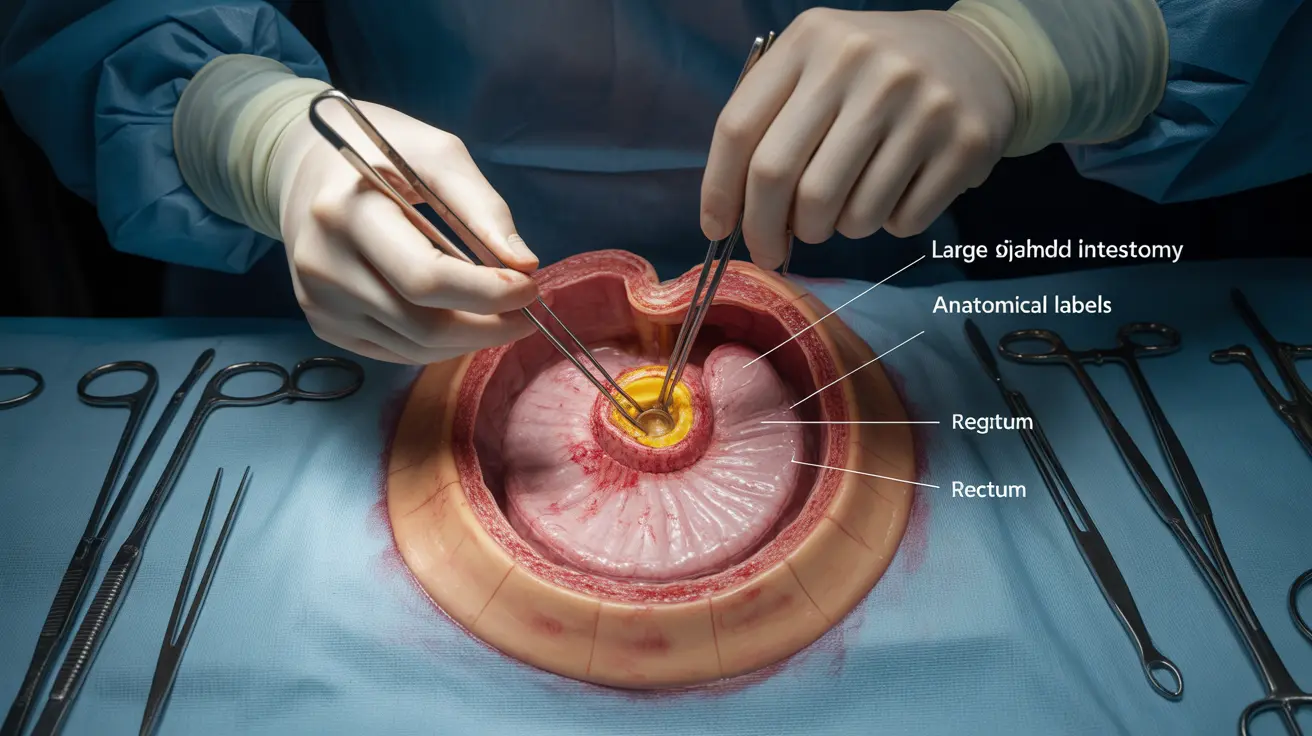 Detailed illustration of sigmoid colectomy showing surgical removal of sigmoid colon with labeled anatomical structures in bright lighting
