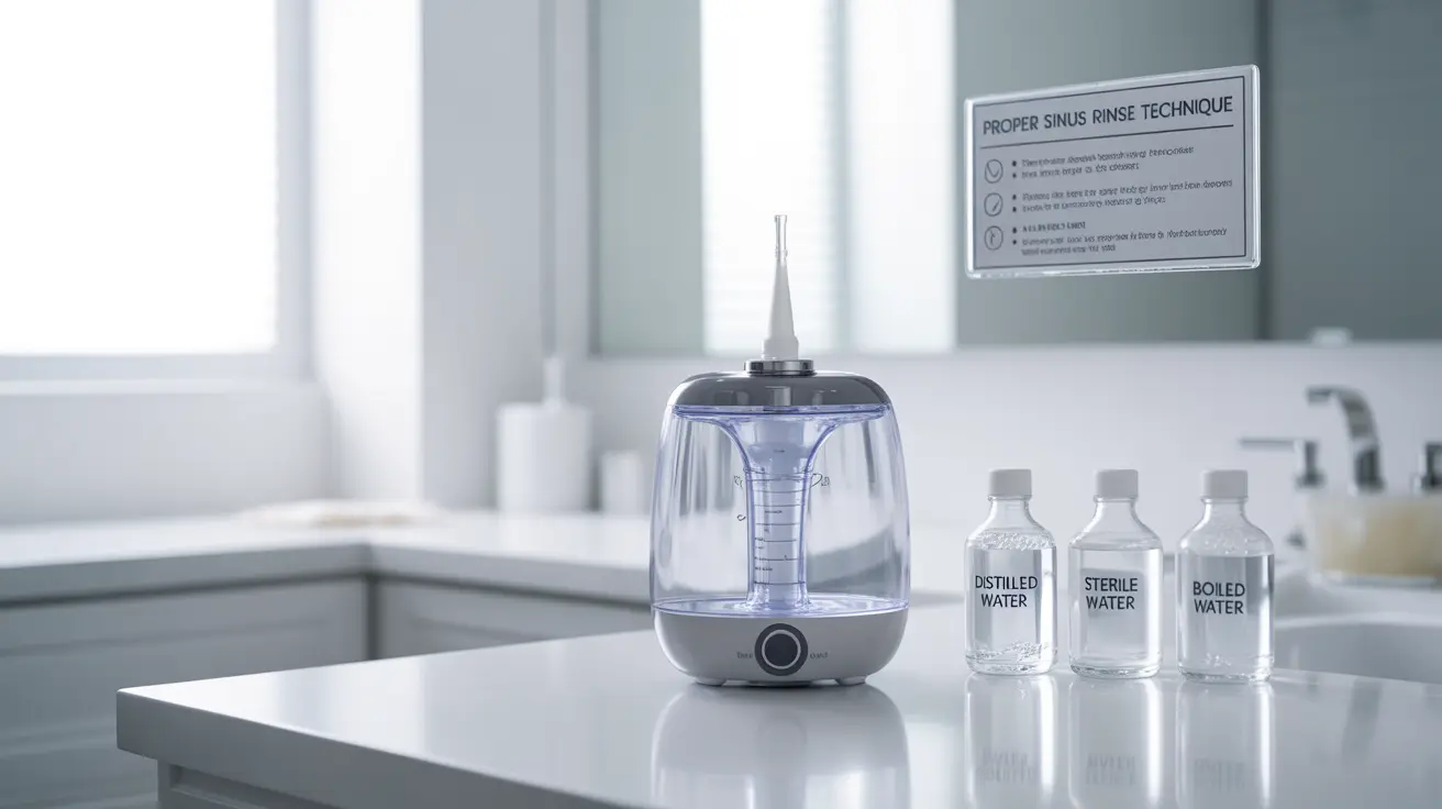 Detailed illustration showing a sinus rinse device with safe water sources, depicted in a clean bathroom or clinical setting with bright lighting.